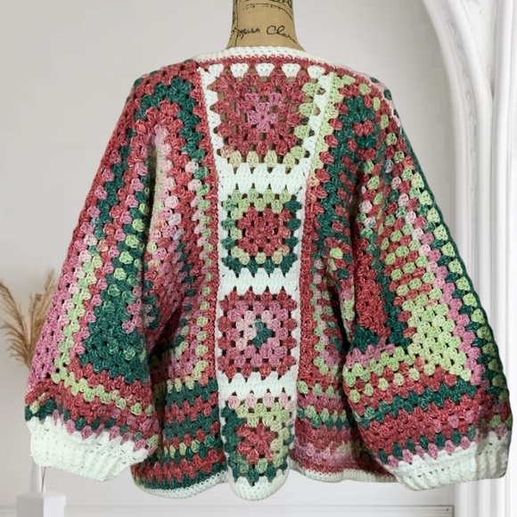 Handcrafted Crochet Granny Square Hexagon Sweater Cardigan New Open Front - Picture 7 of 12